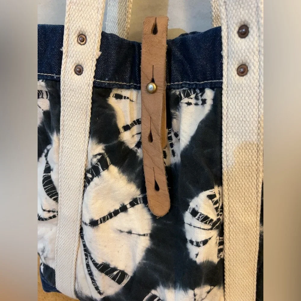 Hyena indigo tie-dye (shibori) pattern on canvas leather strap closure
